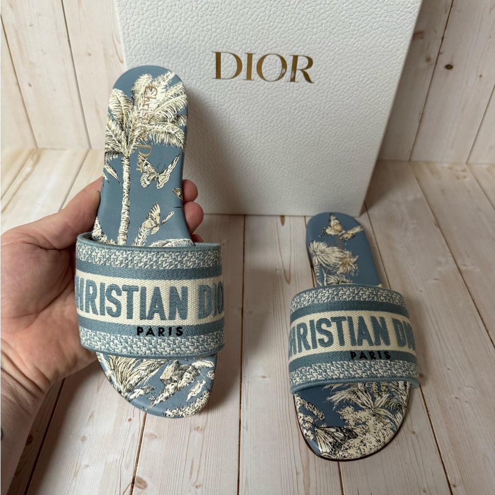 Christian Dior Canvas TDJ Palm Embroidered Dway Slide Sandals Blue Sz 35.5 / 5.5 - Picture 8 of 15